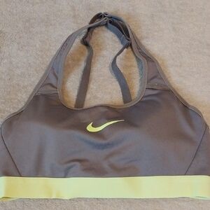 Nike Women's Gray and Neon Yellow Sports Bra